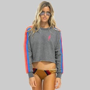 Aviator Nation Bolt - CROPPED CLASSIC CREW SWEATSHIRT HEATHER GREY/NEON RAINBOW